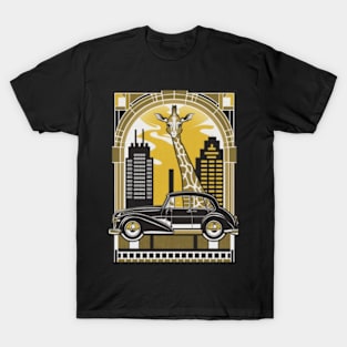 A sophisticated giraffe elegantly navigating a cityscape in a luxury sedan T-Shirt